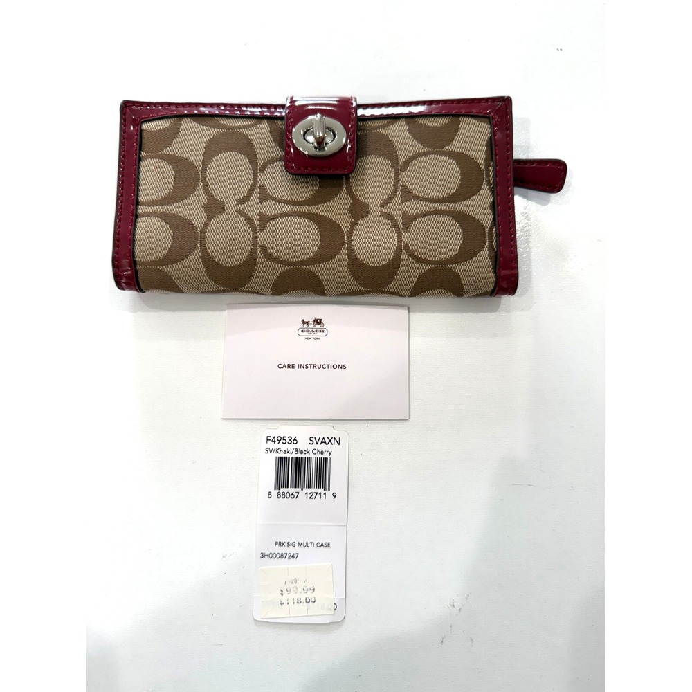 Coach F49536 Signature Canvas Khaki / Black Cherry Patent Trim NEW SLIM Wallet